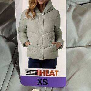32 Degrees Heat Women's Puffer Jacket Faux Fur Lining XS Mint Green NWT